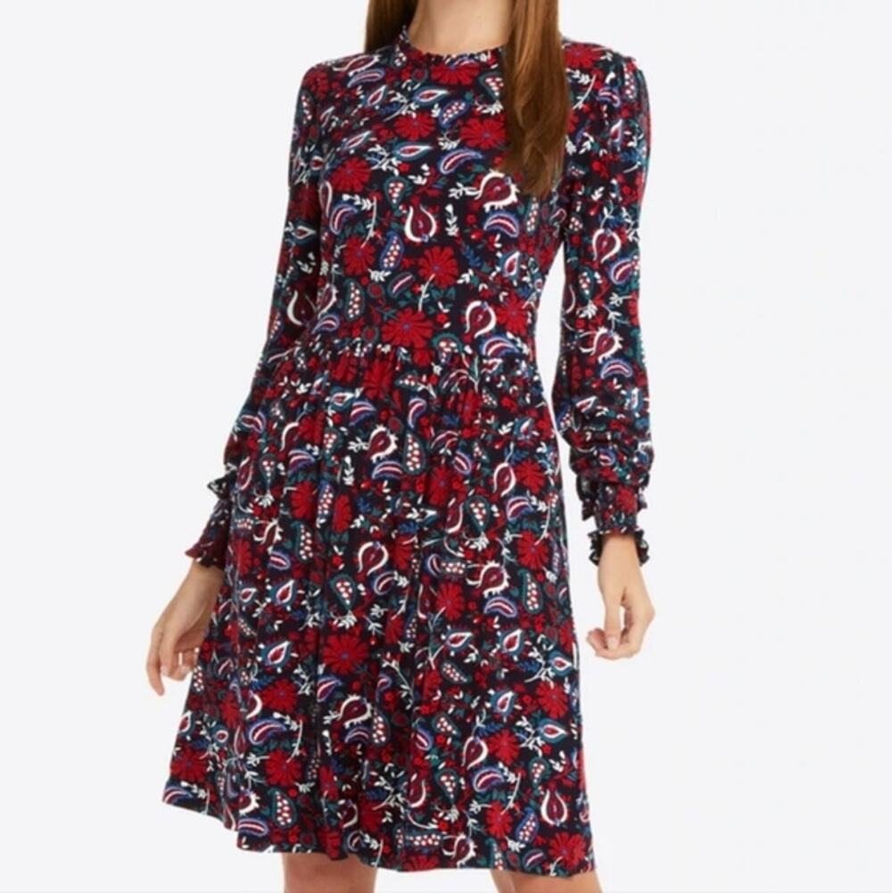 Draper James Dress Kitty Paisley Stretch Knit Ruffles Floral Black Red Size XXL